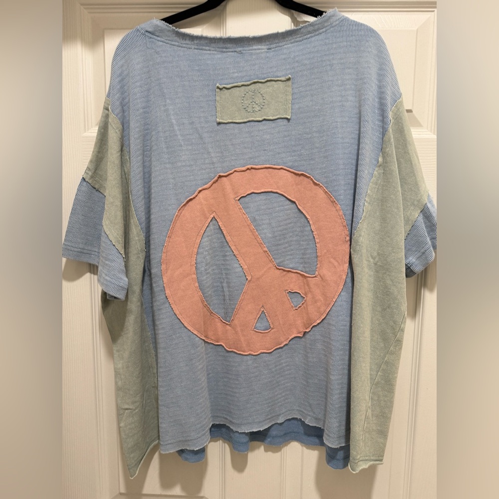 Womens Light Blue & Pink Peace-Emblem Tunic Top